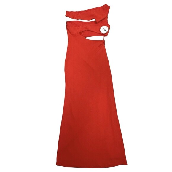 STAUD Prismatic Dress with cut-out Side Slit Off Shoulder Papaya Orange Size 6 - Picture 5 of 14